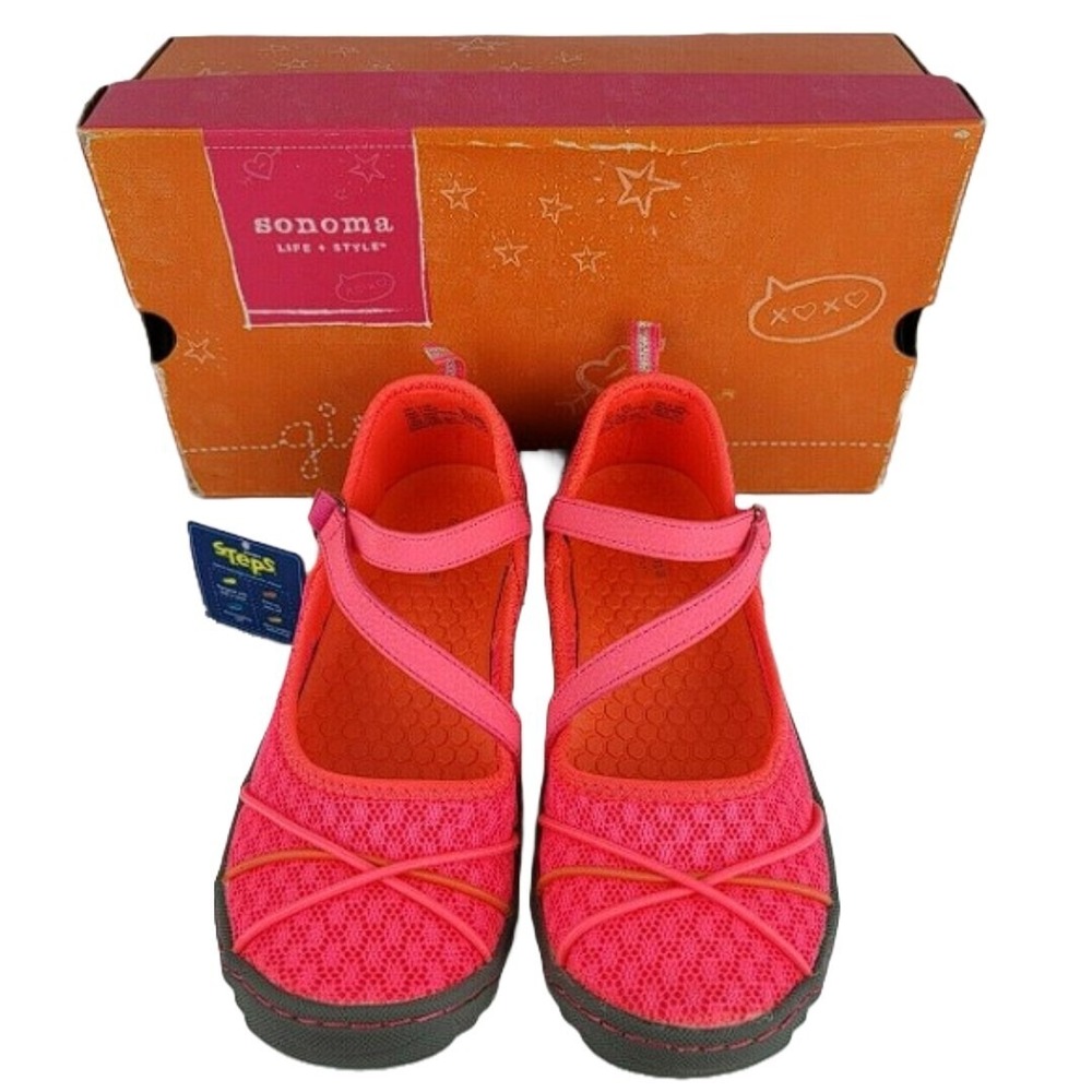 Sonoma Life Style Girls Size 5 Med Hot Pink Grey Hook Loop Breathable Shoes